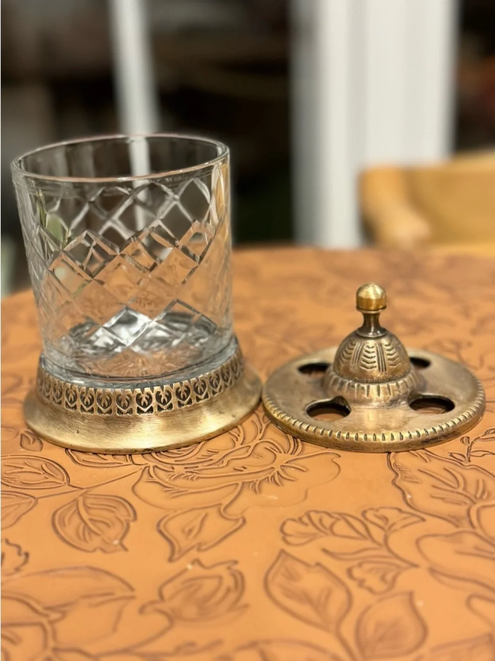 Antique Cut Crystal  Vanity  Toothbrush holder with Ornate Metal Lid